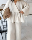 2025 Summer New Design V-neck Loose Lace-up Top Wide-leg Trousers Set