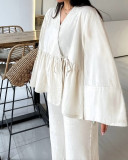 2025 Summer New Design V-neck Loose Lace-up Top Wide-leg Trousers Set