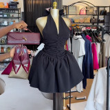 Solid Color V Neck Halterneck Bow Backless Mini Dress