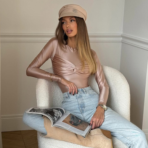 2025 Spring Round Neck Solid Color Pleated Long Sleeve T-shirt