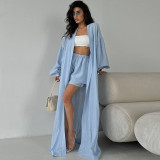 2025 Summer Fashion Lantern Sleeve Cardigan Jacket Wide Leg Shorts Casual Suit