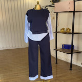 Fashion Round Neck Spliced ​​Striped Top High Waist Trousers