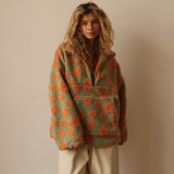 2025 Spring Faux Lambswool Print Loose Zipper Sweatshirt Long Sleeve Top