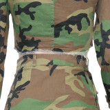 Green Camo Printed Cropped Jacket High Slit Cargo Pocket Skirt 2-Piece Set