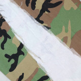 Green Camo Printed Cropped Jacket High Slit Cargo Pocket Skirt 2-Piece Set