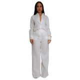 Women's Woven Two Piece Long Sleeve Shirt Pants Set