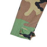 Green Camo Printed Cropped Jacket High Slit Cargo Pocket Skirt 2-Piece Set