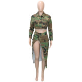 Green Camo Printed Cropped Jacket High Slit Cargo Pocket Skirt 2-Piece Set