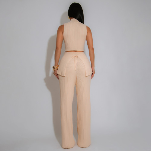 Solid Color Sleeveless Pleated Two-piece Pant Set