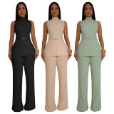 Solid Color Sleeveless Pleated Two-piece Pant Set