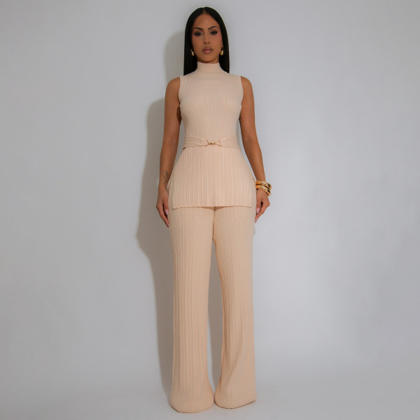 Solid Color Sleeveless Pleated Two-piece Pant Set