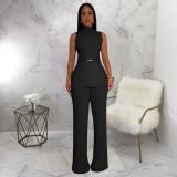 Solid Color Sleeveless Pleated Two-piece Pant Set