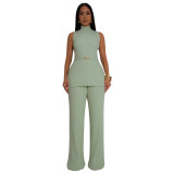 Solid Color Sleeveless Pleated Two-piece Pant Set