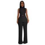Solid Color Sleeveless Pleated Two-piece Pant Set