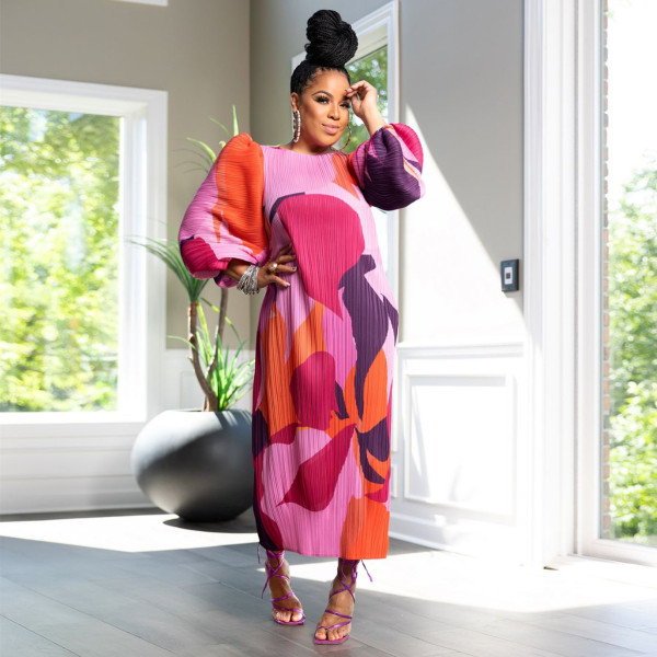 Colorful African Floral Puff Long Sleeve Wedding Party Pleated Maxi Dress
