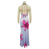 Sexy Cutout Bandage Halter Printed Skirt Set