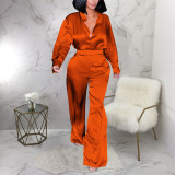 Solid Color Woven Long Sleeve Shirt & Pants Set