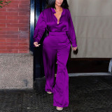 Solid Color Woven Long Sleeve Shirt & Pants Set