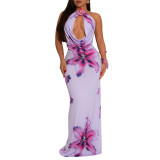 Sexy Cutout Bandage Halter Printed Skirt Set