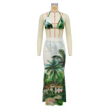 Sexy Bikini Swimsuit Beach Print Skirt Set