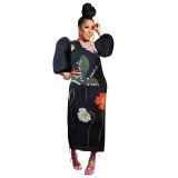 Colorful African Floral Puff Long Sleeve Wedding Party Pleated Maxi Dress