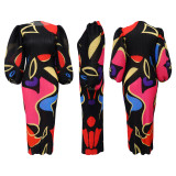 Colorful African Floral Puff Long Sleeve Wedding Party Pleated Maxi Dress