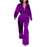 Solid Color Woven Long Sleeve Shirt & Pants Set