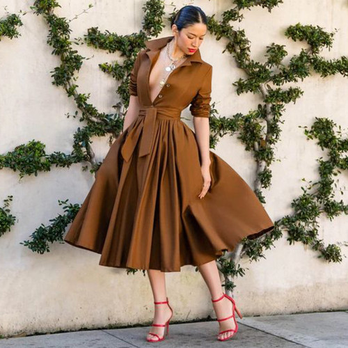 Brown Front Button Long Sleeve Ruched Simple Midi Dress