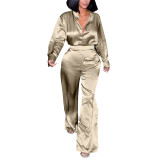Solid Color Woven Long Sleeve Shirt & Pants Set