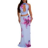 Sexy Cutout Bandage Halter Printed Skirt Set
