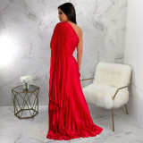Red One Shoulder Slant Collar Pleated Maxi Dress