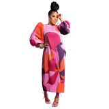 Colorful African Floral Puff Long Sleeve Wedding Party Pleated Maxi Dress