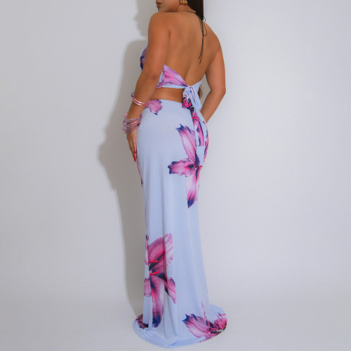 Sexy Cutout Bandage Halter Printed Skirt Set