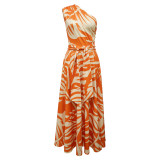 Casual Print Pocket Oblique Collar Long Dresses