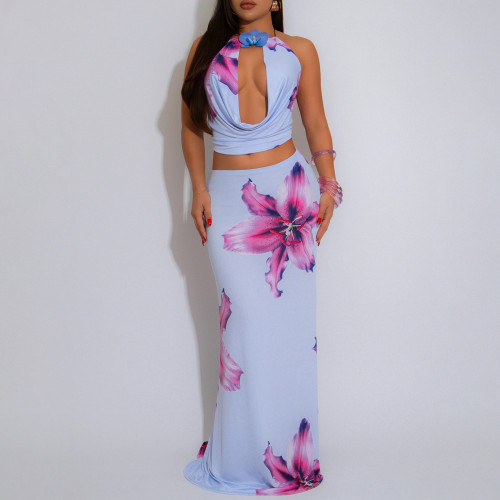 Sexy Cutout Bandage Halter Printed Skirt Set