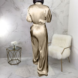 Solid Color Woven Long Sleeve Shirt & Pants Set