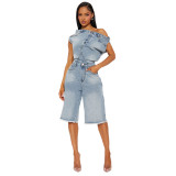 Casual Fashion Strapless Single Shoulder Slim Fit Denim Rompers