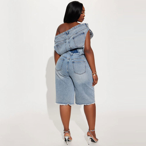 Casual Fashion Strapless Single Shoulder Slim Fit Denim Rompers