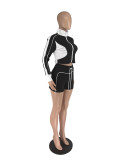 2 Piece Short Set Women Long Sleeve Contrast Color Stitching Drawstring Zipper