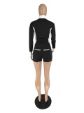 2 Piece Short Set Women Long Sleeve Contrast Color Stitching Drawstring Zipper