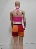 Sexy Colorblock Backless Strap Design Halter Sleeveless Two Pieces
