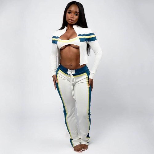 Fashion Splicing Adjustable Strap Crop Top Trousers Three Piece with Cardigan