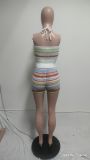 Sexy Stripe Backless Halter Sleeveless Two Pieces