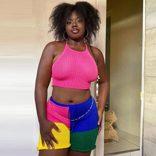 Sexy Colorblock Backless Strap Design Halter Sleeveless Two Pieces