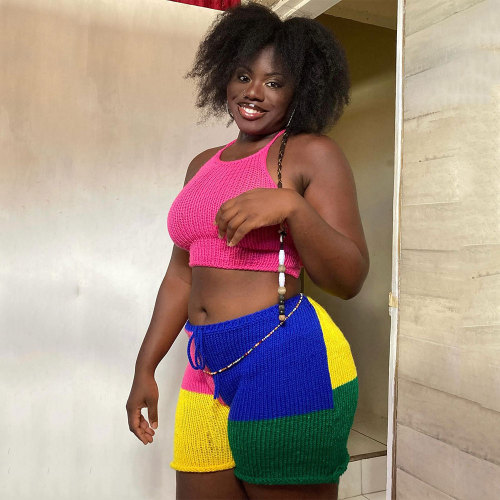 Sexy Colorblock Backless Strap Design Halter Sleeveless Two Pieces