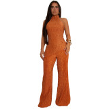 Women Casual Halter Backless Top and Wide-leg Pants Two-piece Set
