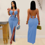 Sexy Knitted Halter Hollow-out  Backless Split Long Dresses