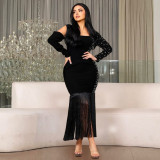 Black Sexy Body-Hugging Long-Sleeve Rhinestone Fringe Mermaid Dress