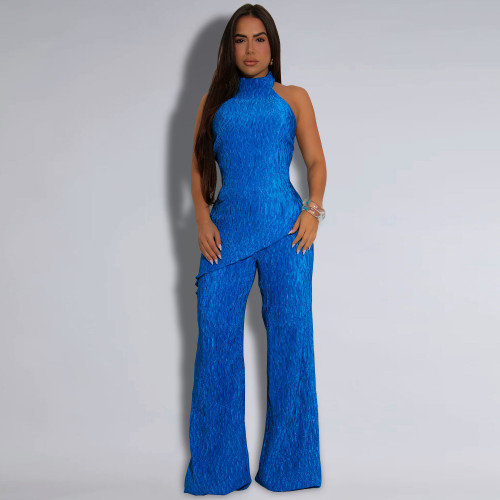 Women Casual Halter Backless Top and Wide-leg Pants Two-piece Set