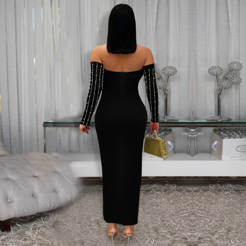 Faux Pearl Embellished Off Shoulder Maxi Dress